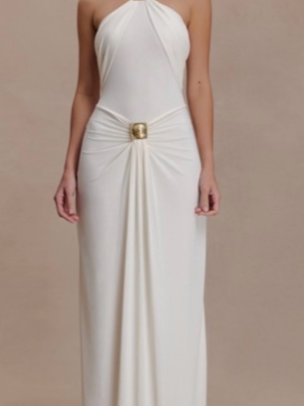 Meshki Ivory Halter Maxi Dress with Gold Buckle